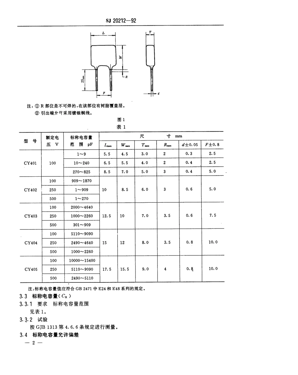 【电子行业军用标准】SJ20212-1992CY401、CY402、CY403、CY404和CY405型云母固定电容器详细规范.pdf_第3页