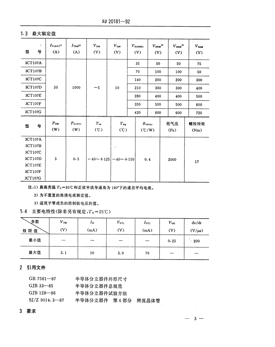 【电子行业军用标准】SJ 20181-1992 半导体分立器件3CT107型反向阻断闸流晶体管详细规范.pdf_第3页