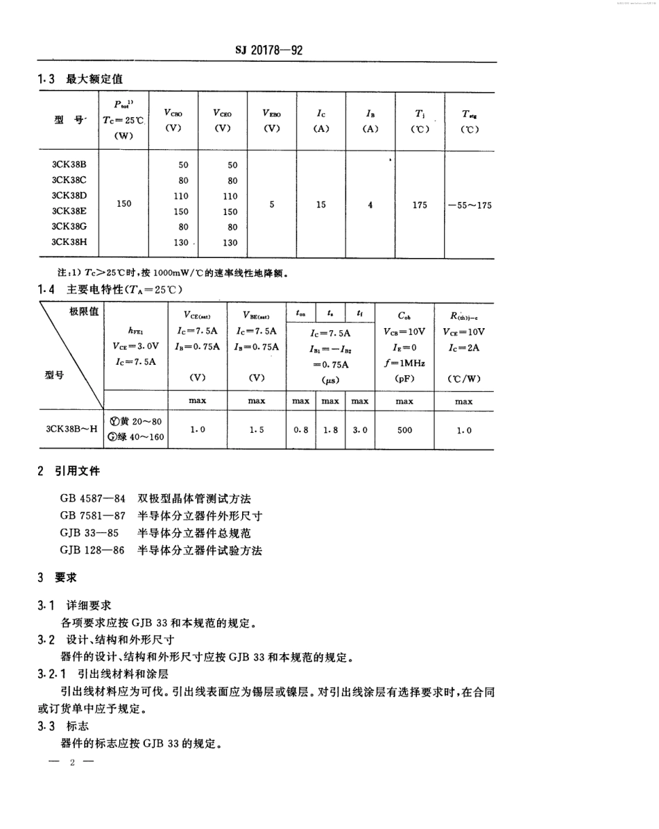 【电子行业军用标准】SJ 20178-1992 半导体分立器件3CK38型功率开关晶体管详细规范.pdf_第2页
