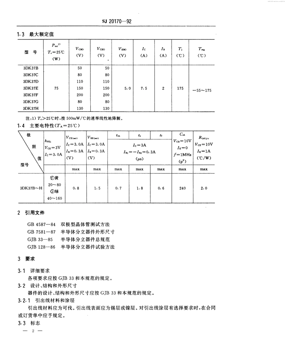 【电子行业军用标准】SJ 20170-1992 半导体分立器件3DK37型功率开关晶体管详细规范.pdf_第2页