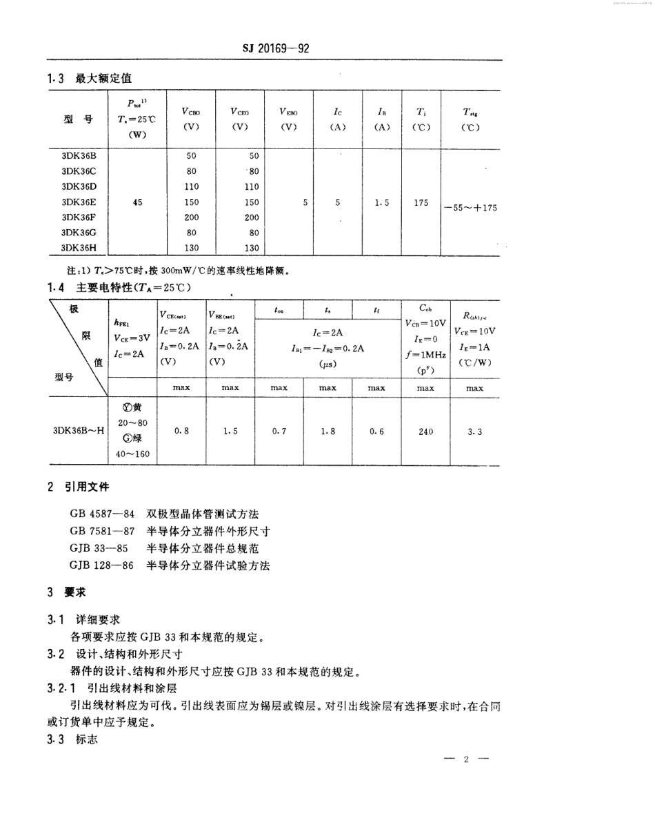 【电子行业军用标准】SJ 20169-1992 半导体分立器件3DK36型功率开关晶体管详细规范.pdf_第2页
