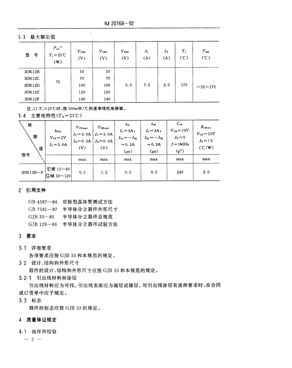 【电子行业军用标准】SJ 20168-1992 半导体分立器件3DK12型功率开关晶体管详细规范.pdf_第3页