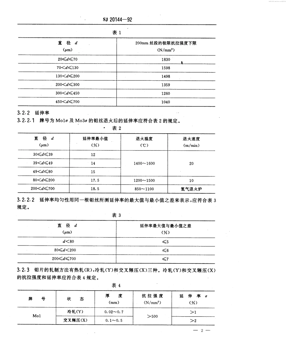 【电子行业军用标准】SJ 20144-1992 电子器件用钼杆、钼丝、钼片规范.pdf_第2页