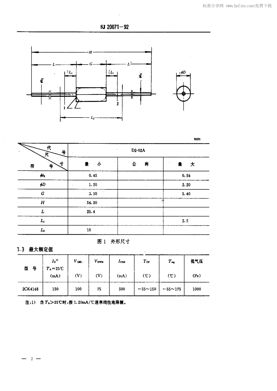 【电子行业军用标准】SJ 20071-1992 半导体分立器件 2CK4148型硅开关二极管详细规范.pdf_第2页