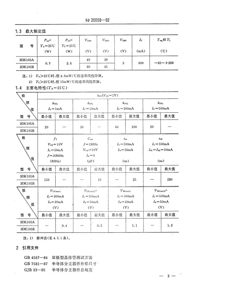 【电子行业军用标准】SJ 20058-1992 半导体分立器件 3DK105型NPN硅小功率开关晶体管详细规范.pdf_第3页