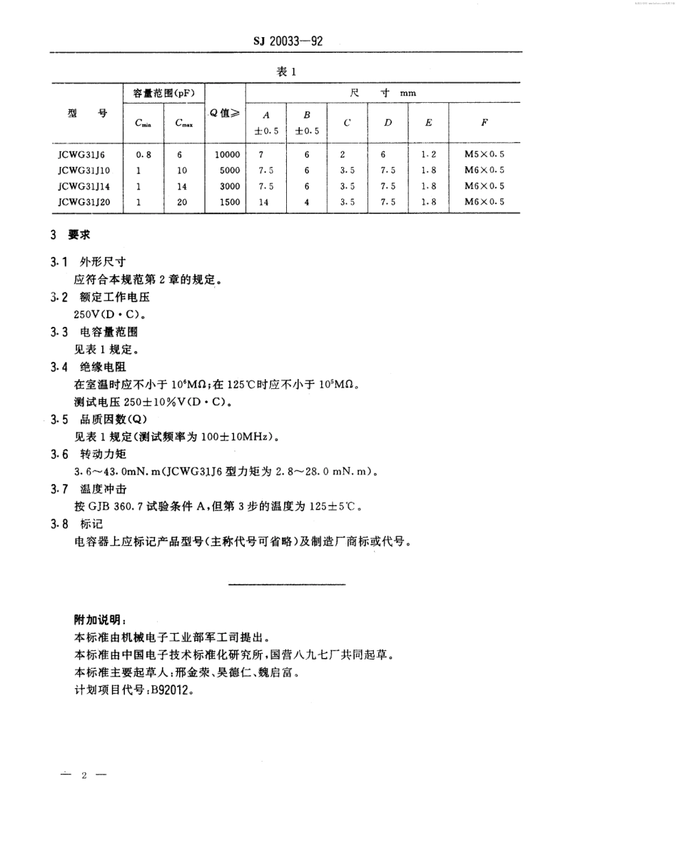 【电子行业军用标准】SJ 20033-1992 JCWG31型空气介质管状(活塞型)微调可变电容器详细规范.pdf_第2页