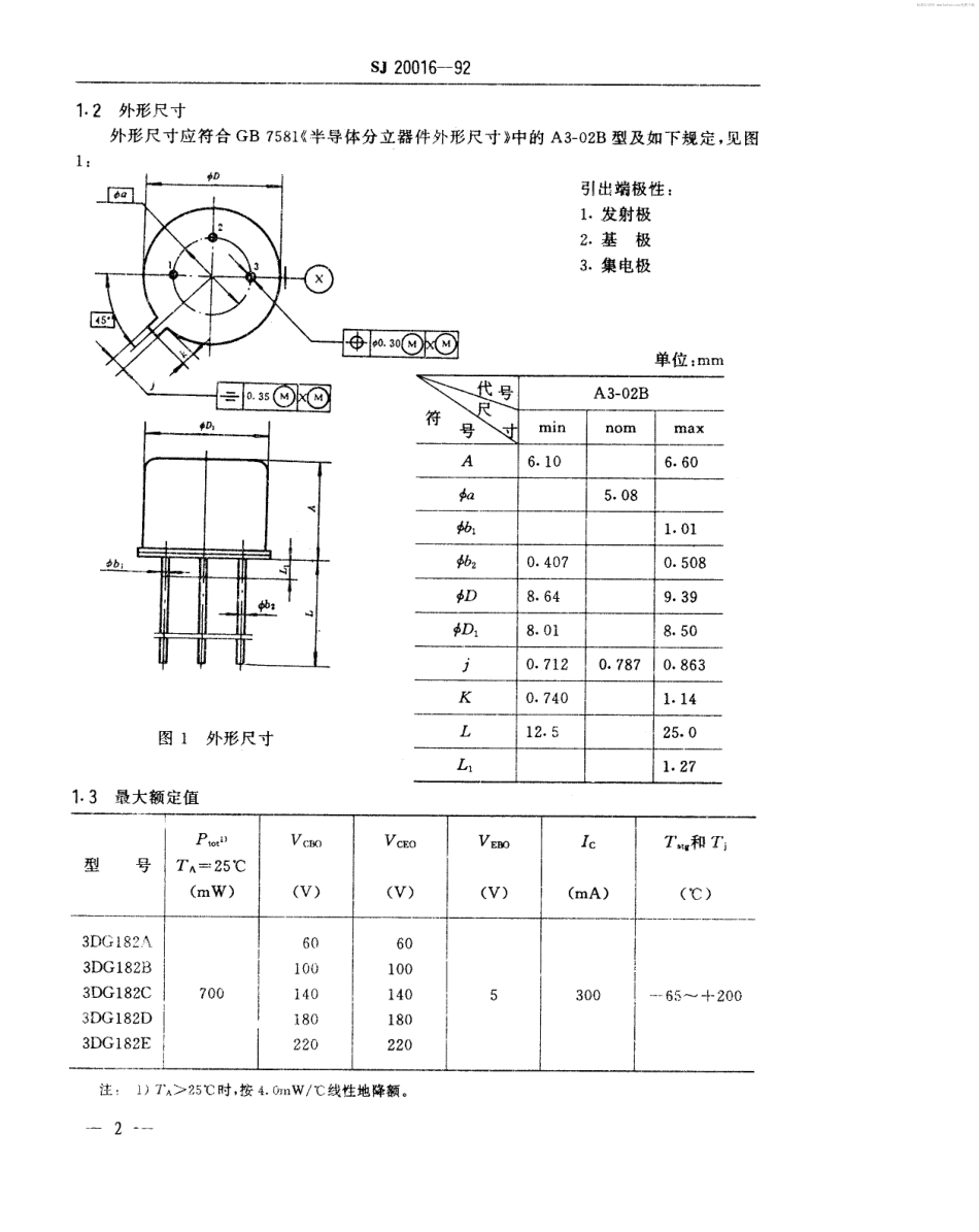 【电子行业军用标准】SJ 20016-1992 半导体分立器件GP、GT和GCT级3DG182型NPN硅小功率高反压晶体管详细规范.pdf_第2页