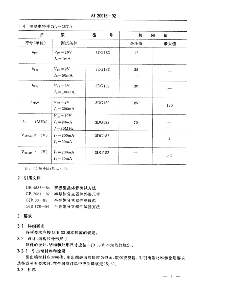 【电子行业军用标准】SJ 20016-1992 半导体分立器件GP、GT和GCT级3DG182型NPN硅小功率高反压晶体管详细规范.pdf_第3页