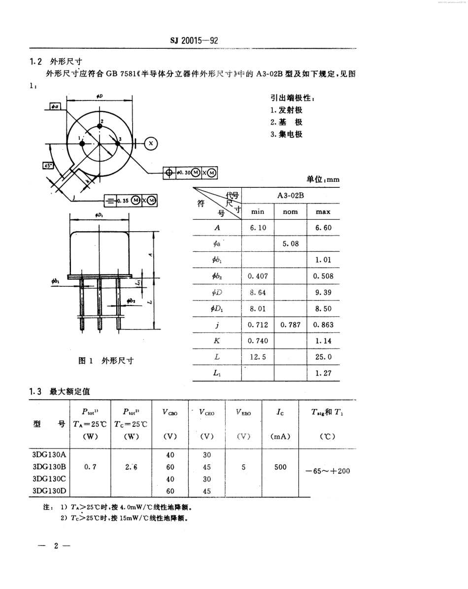 【电子行业军用标准】SJ 20015-1992 半导体分立器件GP、GT和GCT级3DG130型NPN硅高频小功率晶体管详细规范.pdf_第2页