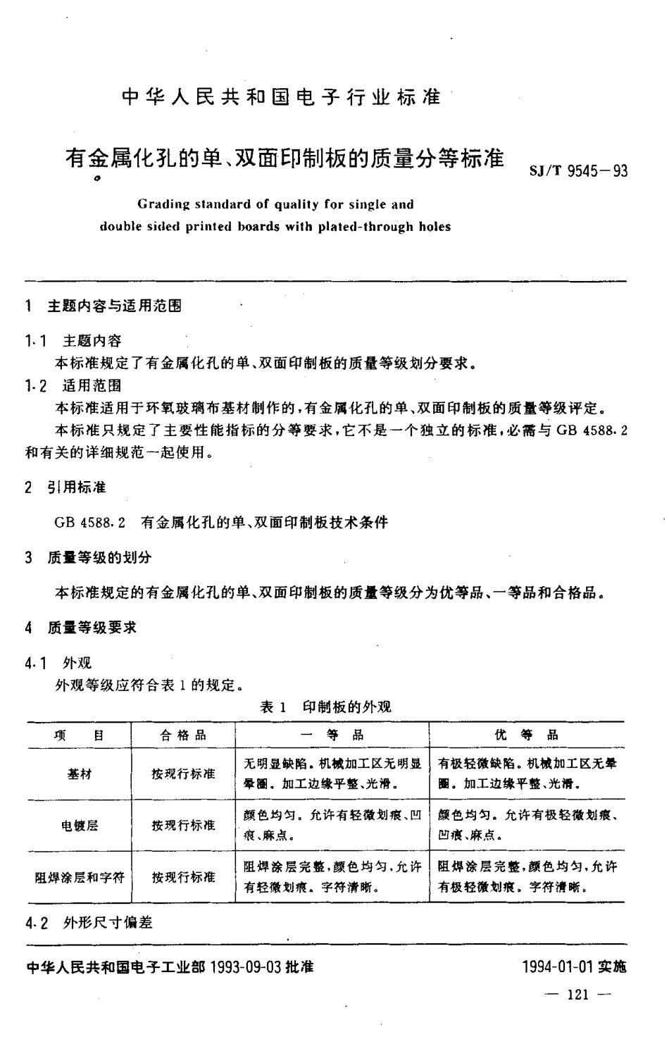 【电子行业军用标准】SJT 9545-1993 有金属化孔的单、双面印制板的质量分等标准.pdf_第1页