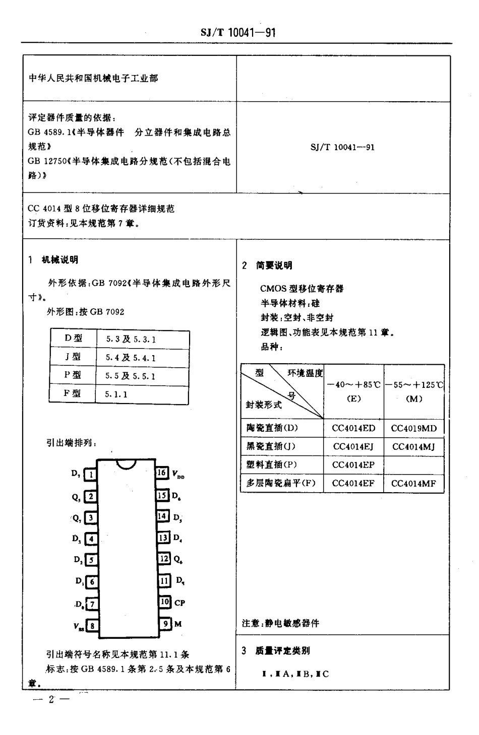 SJT 10041-1991 电子元器件详细规范 半导体集成电路CC4014型 CMOS 8位移位寄存器.pdf_第3页