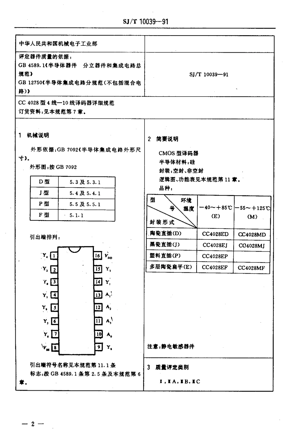 SJT 10039-1991 电子元器件详细规范 半导体集成电路CC4028型CMOS4线-10线译码器(BCD输入).pdf_第3页