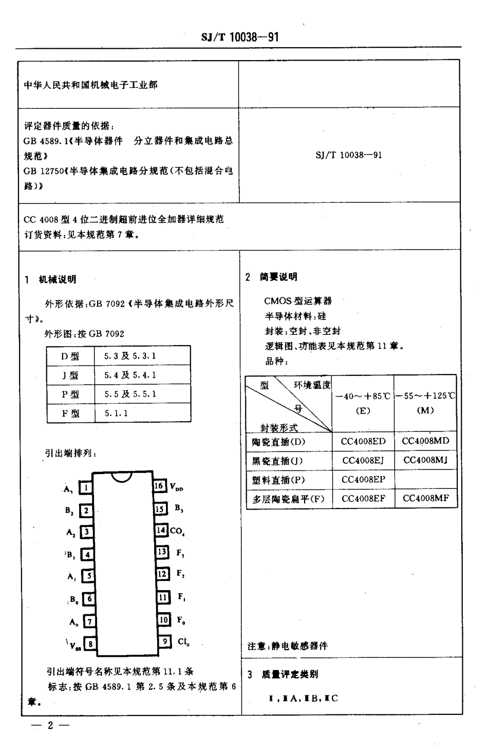 SJT 10038-1991 电子元器件详细规范 半导体集成电路CC4008型CMPS4位二进制超前进合加器.pdf_第3页
