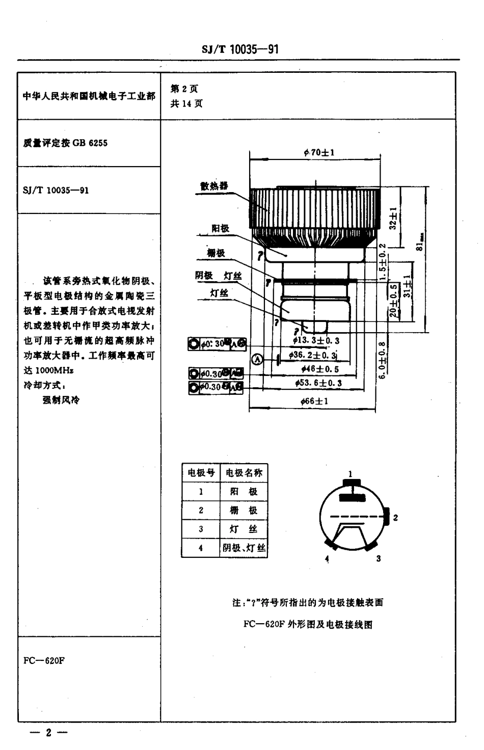 SJT 10035-1991 电子元器件详细规范 FC-620F型电子管(可供认证用).pdf_第3页