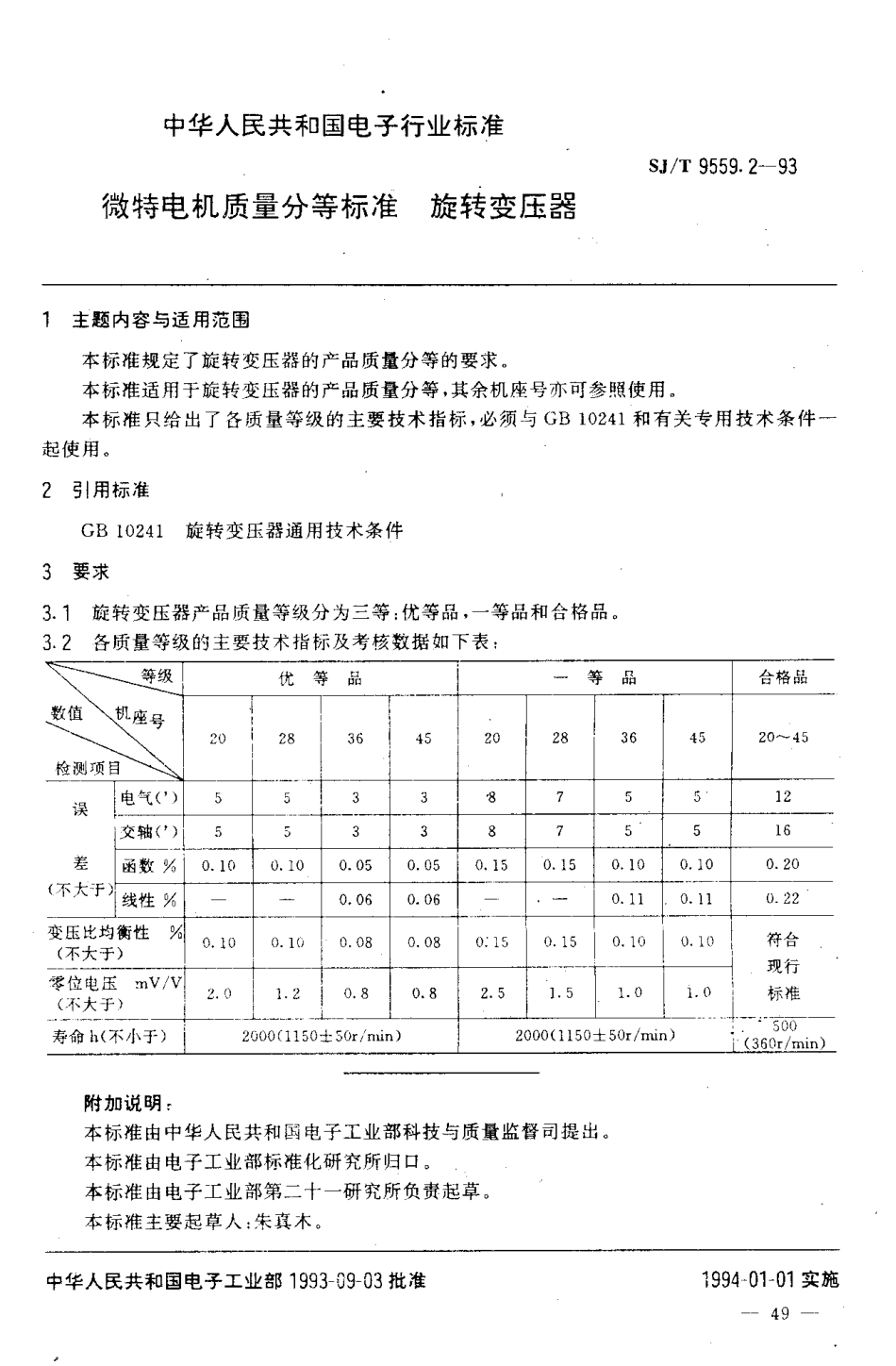 【电子行业军用标准】SJT 9559.2-1993 微特电机质量分等标准 旋转变压器.pdf_第1页