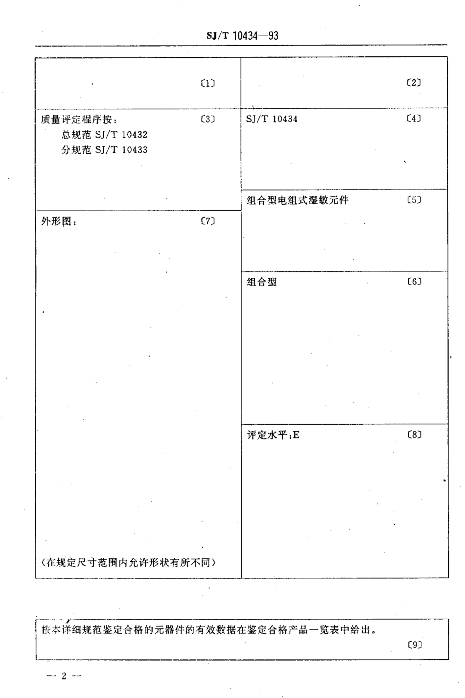 【电子行业军用标准】SJT 10434-1993 电子设备用电阻式湿敏元件 第2部分：空白详细规范：组合型电阻式湿敏元件评定水平E.pdf_第3页