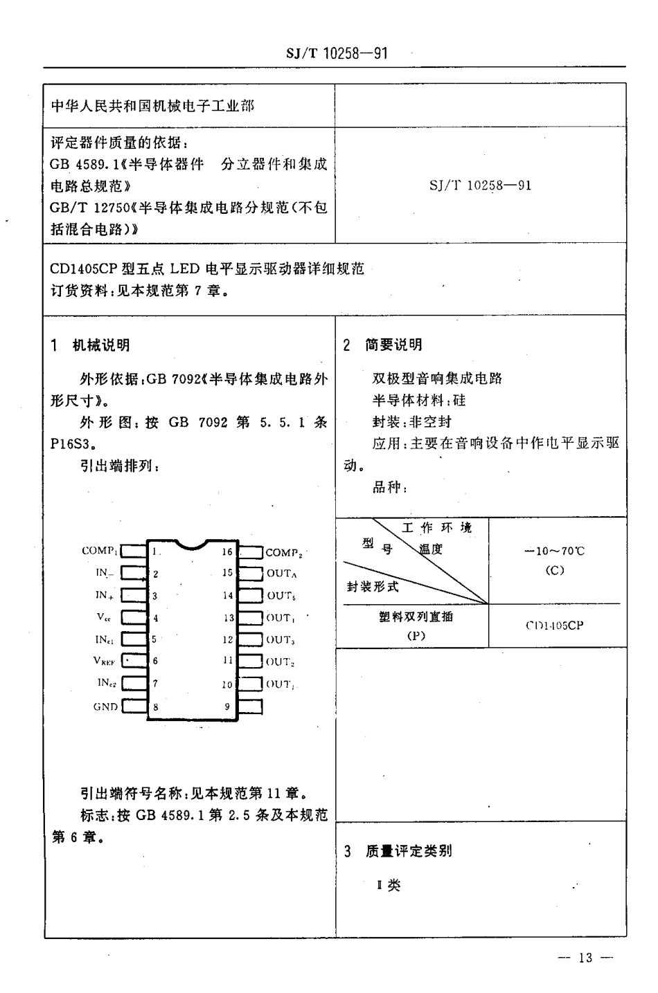 SJT 10258-1991 电子元器件详细规范 半导体集成电路CD1405CP型五点LED电平显示驱动器.pdf_第3页