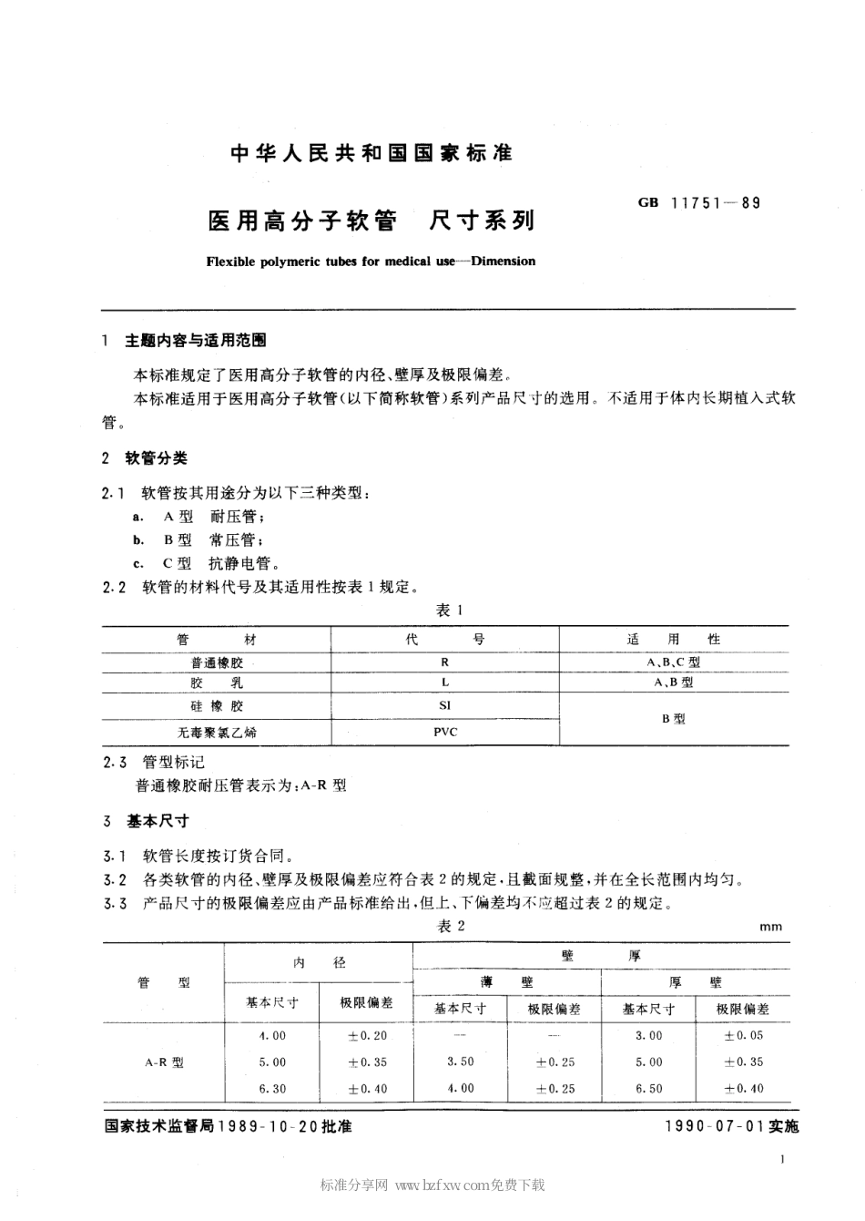 GB 11751-1989 医用高分子软管 尺寸系列.pdf_第2页