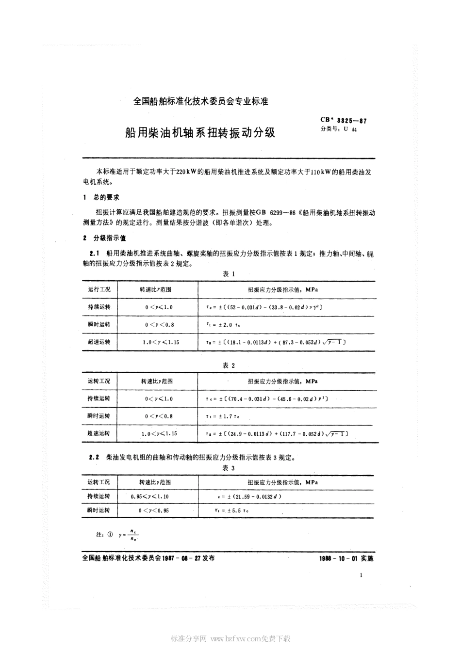 CB 3325-1987 船用柴油机轴系扭转振动分级.pdf_第2页