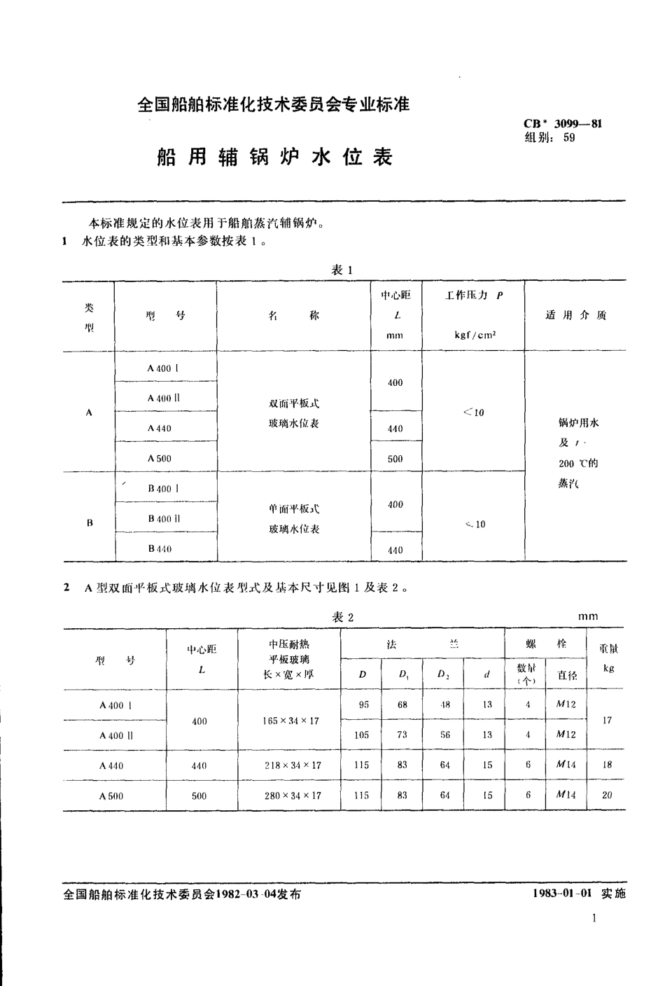 CB 3099-1981 船用辅锅炉水位表.pdf_第1页