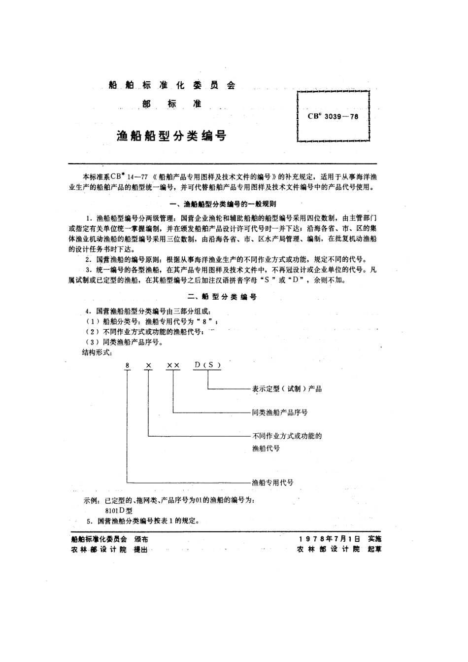 CB 3039-1978 渔船船型分类编号.pdf_第1页