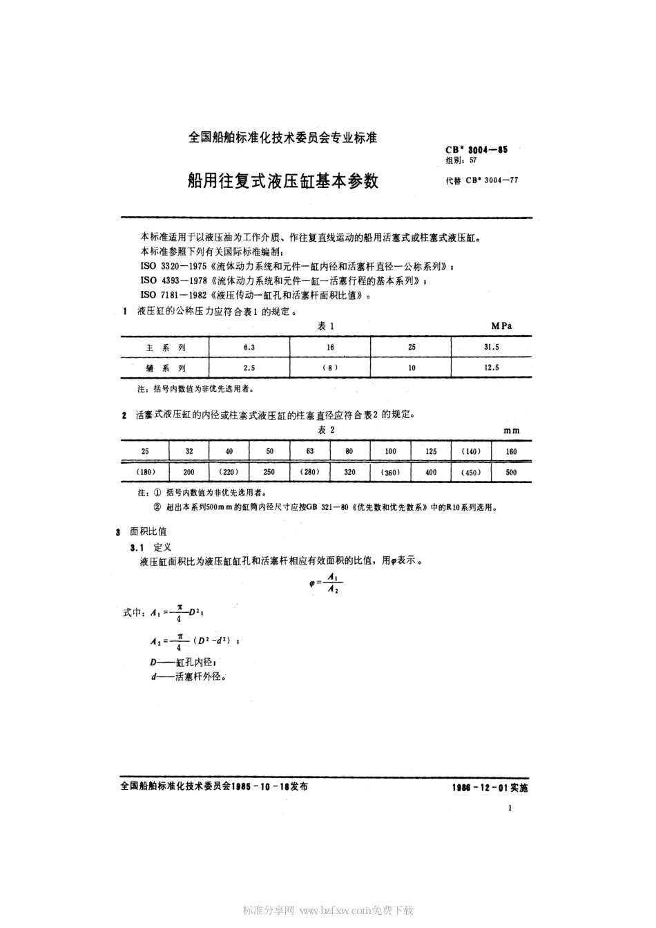 CB 3004-1985 船用往复式液压缸基本参数.pdf_第2页