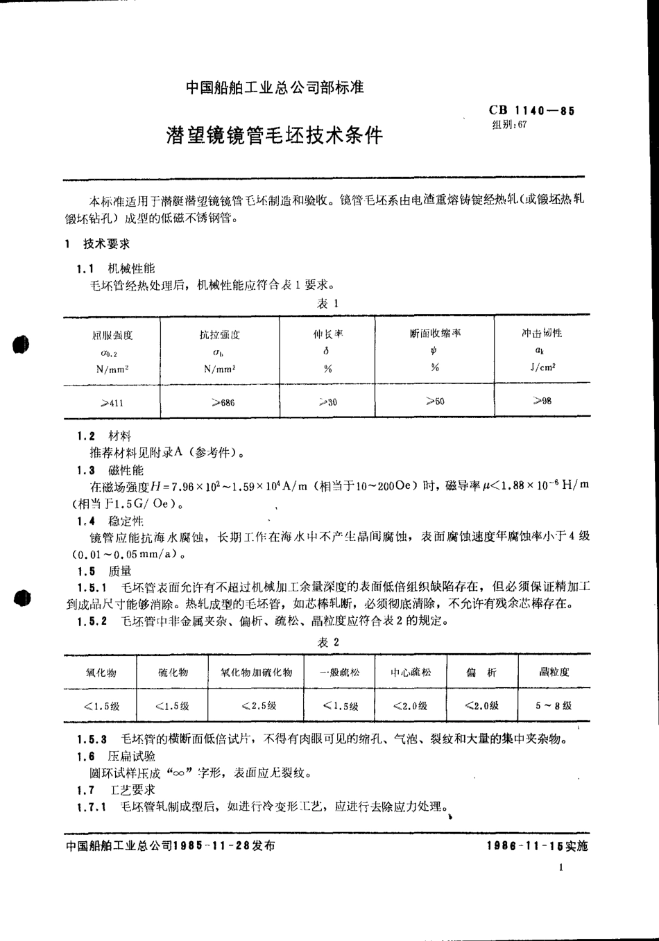 CB 1140-1985 潜望镜镜管毛坯技术要求.pdf_第1页