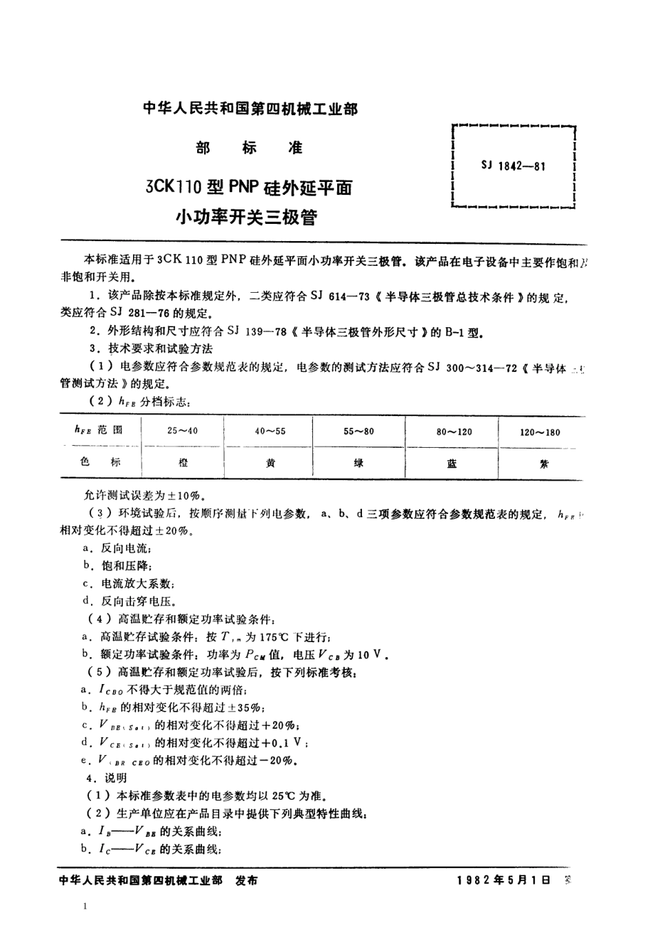 【电子行业军用标准】SJ 1842-1981 3CK110型PNP硅外延平面小功率开关三极管.pdf_第1页
