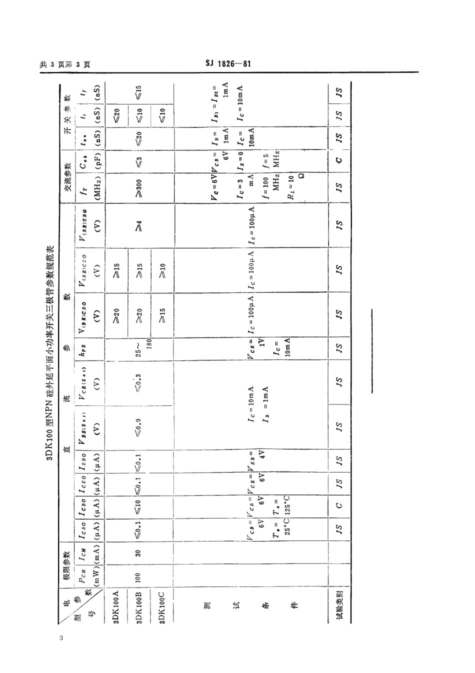 【电子行业军用标准】SJ 1826-1981 3DK100型NPN硅外延平面小功率开关三极管.pdf_第3页