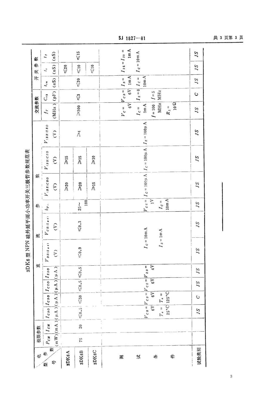 【电子行业军用标准】SJ 1827-1981 3DK6型NPN硅外延平面小功率开关三极管.pdf_第3页