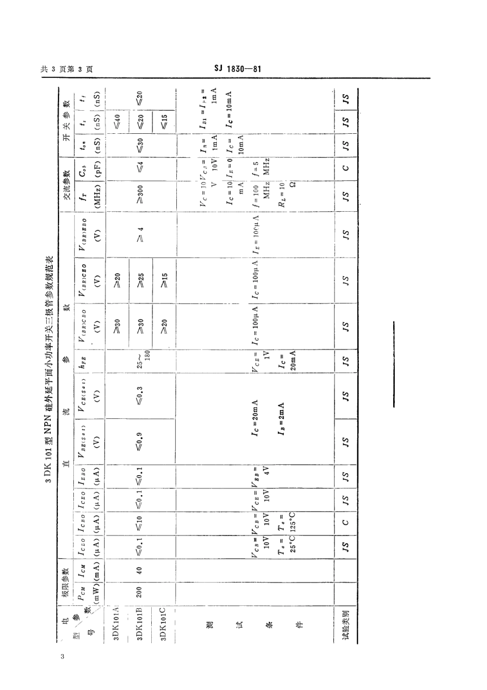 【电子行业军用标准】SJ 1830-1981 3DK101型NPN硅外延平面小功率开关三极管.pdf_第3页