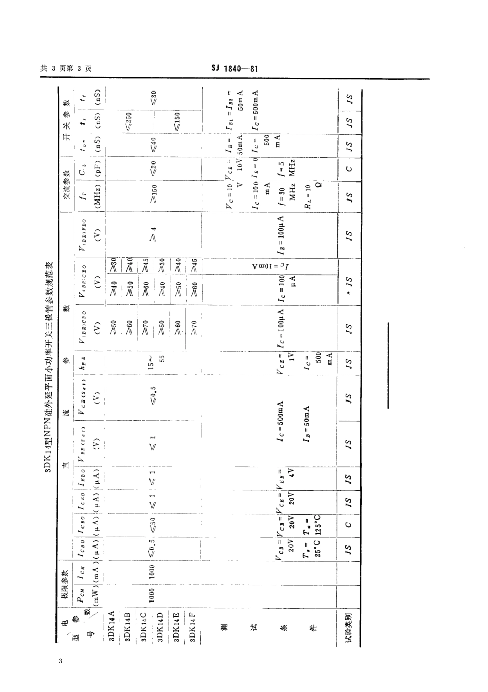 【电子行业军用标准】SJ 1840-81 3DK14型NPN硅外延平面小功率开关三极管.pdf_第3页