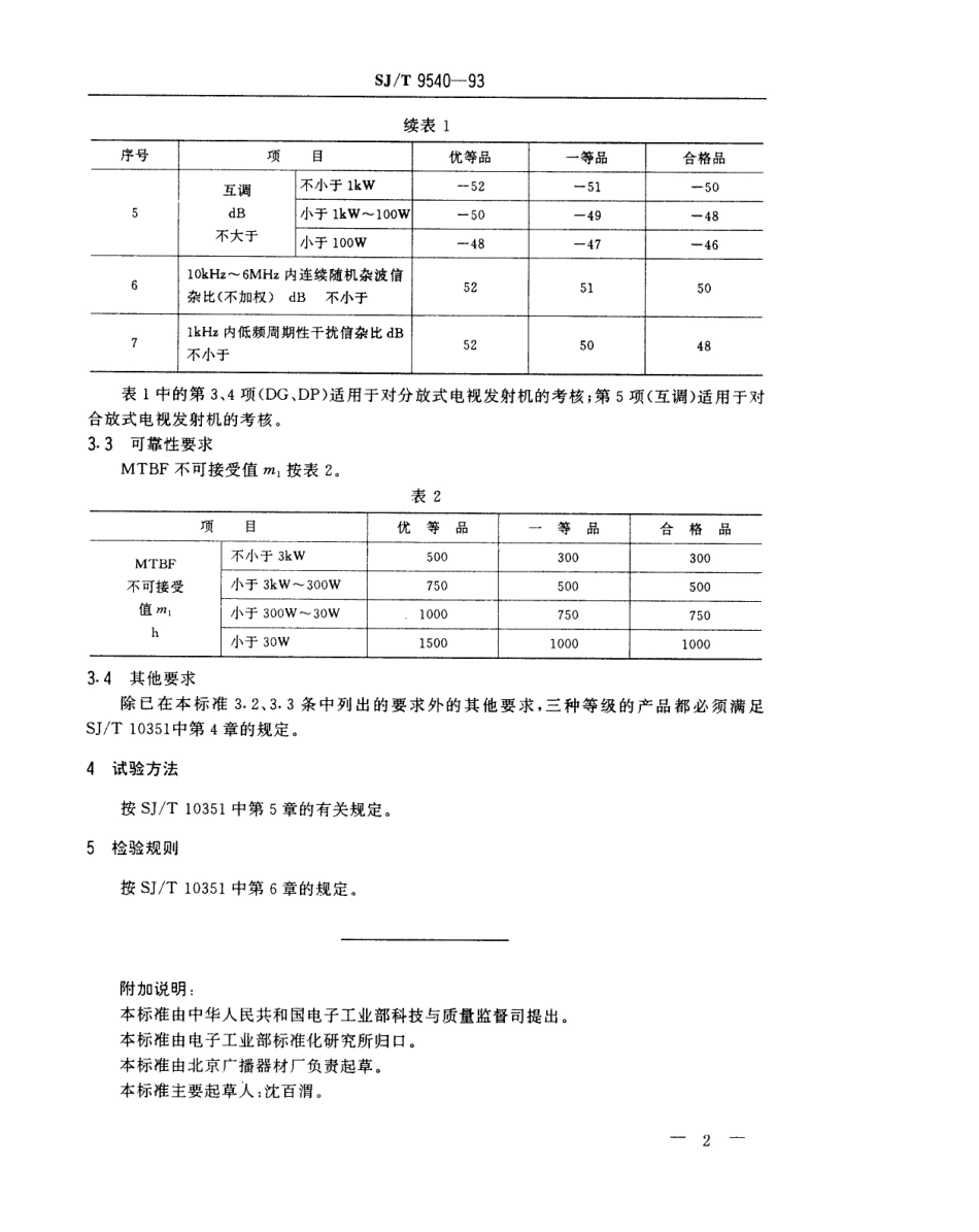 【电子行业军用标准】SJT 9540-1993 电视发射机质量分等标准.pdf_第2页