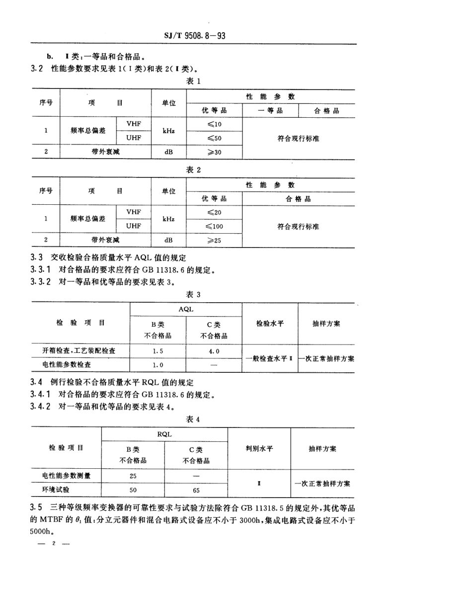 【电子行业军用标准】SJT 9508.8-1993 30MHz～1GHz声音和电视信号的电缆分配系统 频率变换器质量分等标准.pdf_第2页