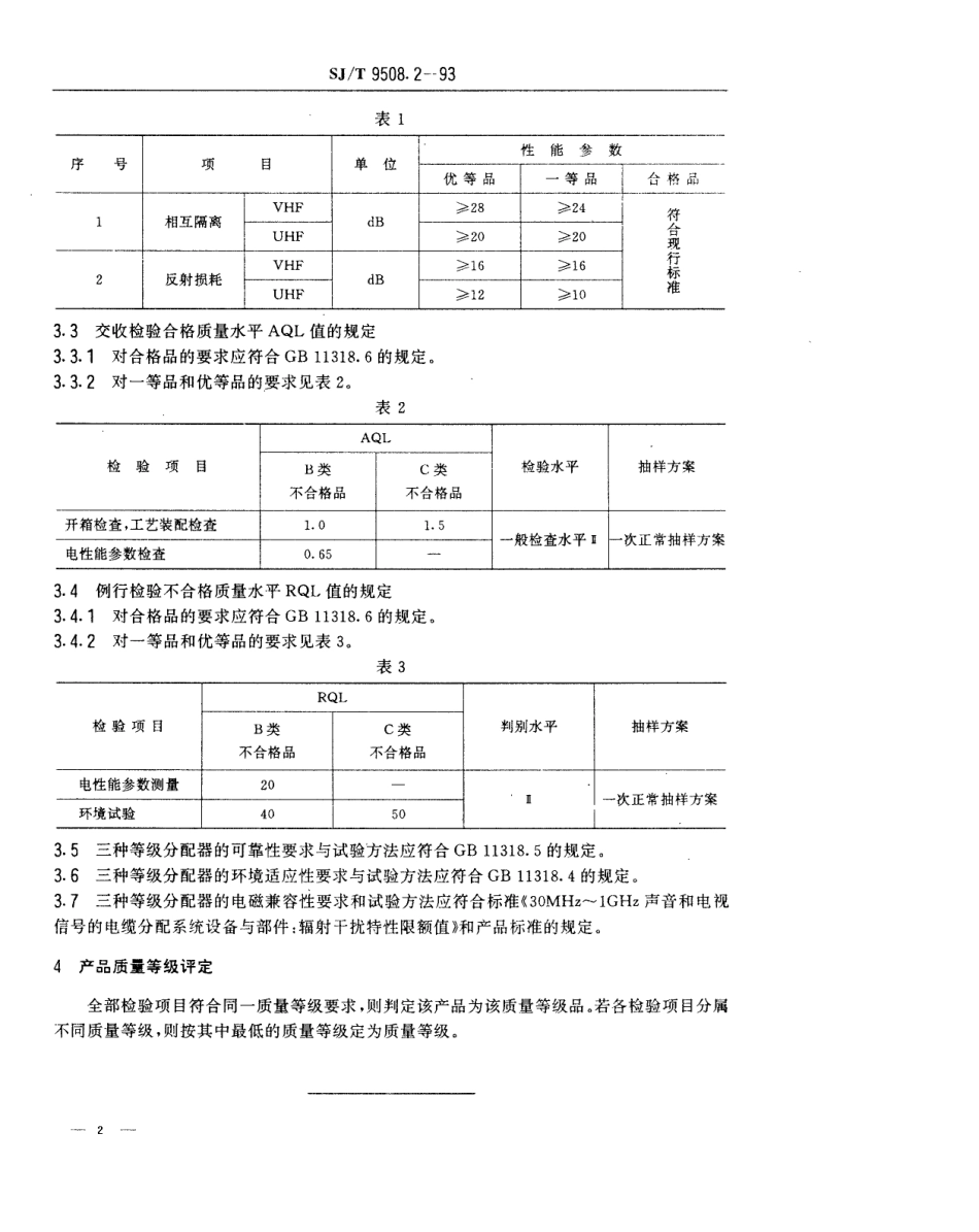 【电子行业军用标准】SJT 9508.2 30MHz～1GHz声音和电视信号的电缆分配系统 分配器质量分等标准.pdf_第2页