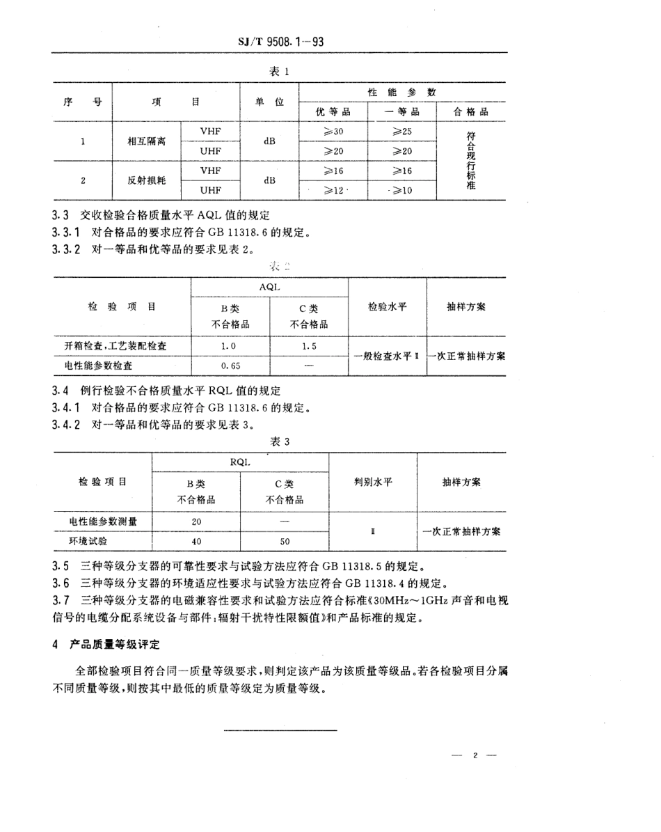 【电子行业军用标准】SJT 9508.1-1993 30MHz～1GHz声音和电视信号的电缆分配系统 分支器质量分等标准.pdf_第2页