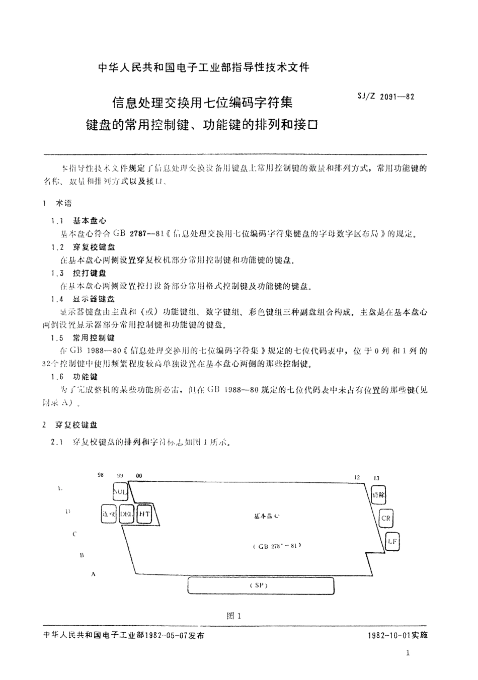 【电子行业军用标准】SJZ 2091-1982 信息处理交换用七位编码字符集 键盘的常用控制键、功能键的排列和接口.pdf_第2页