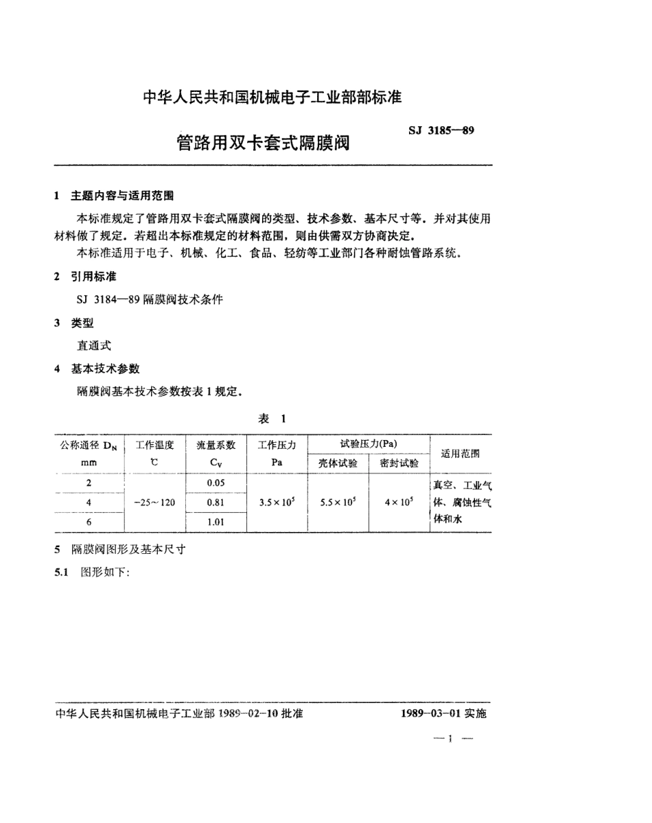 SJ 3185-1989 管路用双卡套式隔膜阀.pdf_第1页