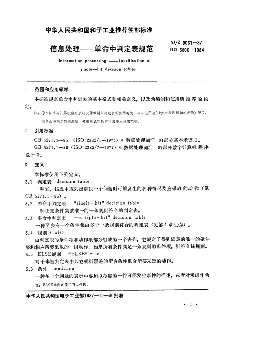 【电子行业军用标准】SJZ 9061-1987 信息处理-单命中判定表规范.pdf_第1页