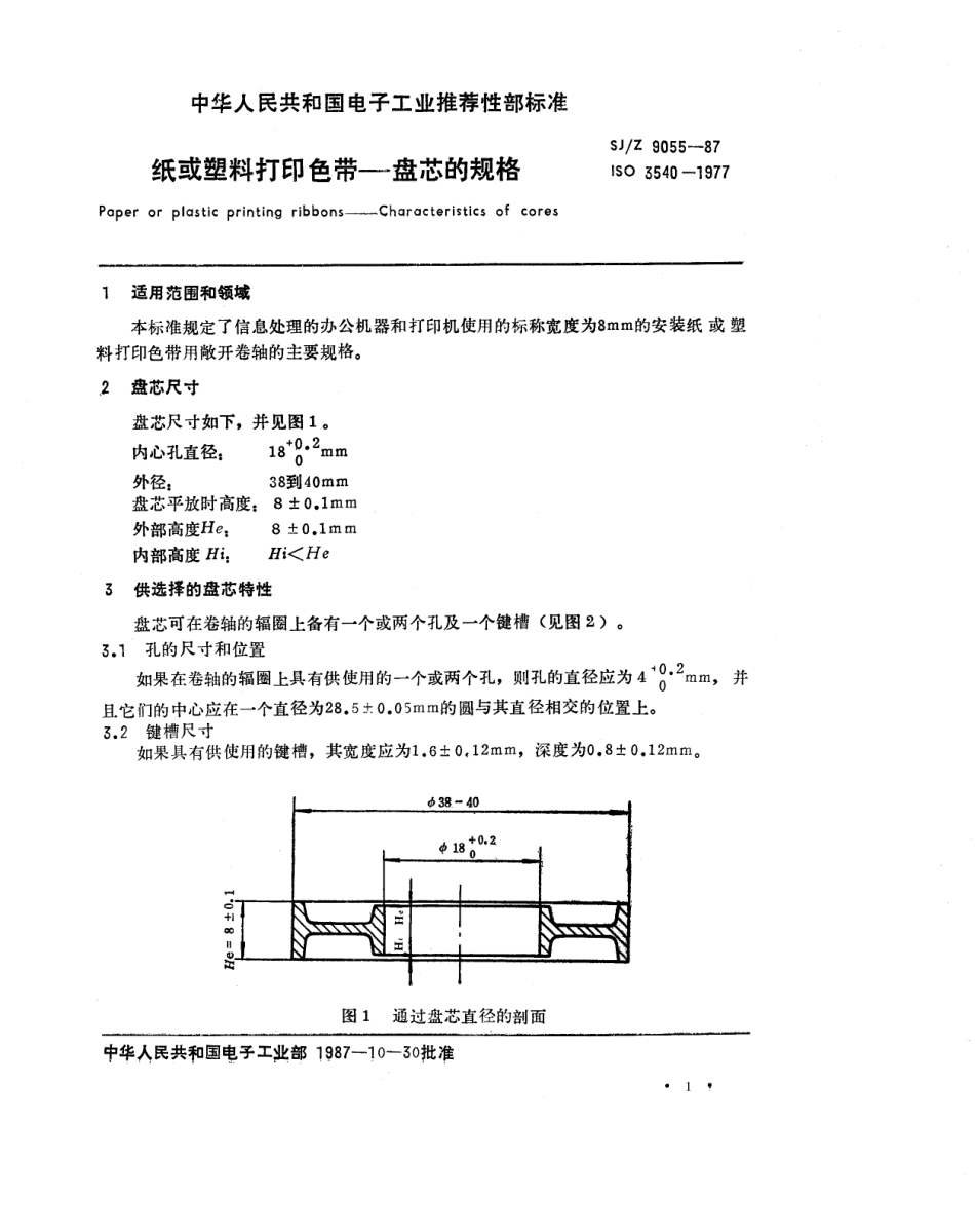 【电子行业军用标准】SJZ 9055-1987 纸或塑料打印色带-盘芯的规格.pdf_第1页