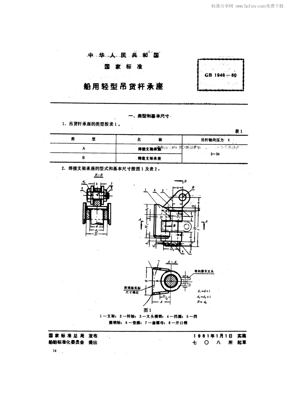 GB 1946-1980 船用轻型吊货杆承座.pdf_第2页