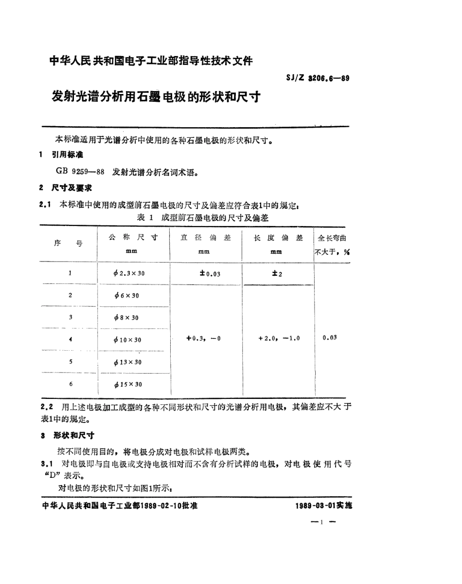 【电子行业军用标准】SJZ 3206.6-1989 发射光谱分析用石墨电极的形状和尺寸.pdf_第1页