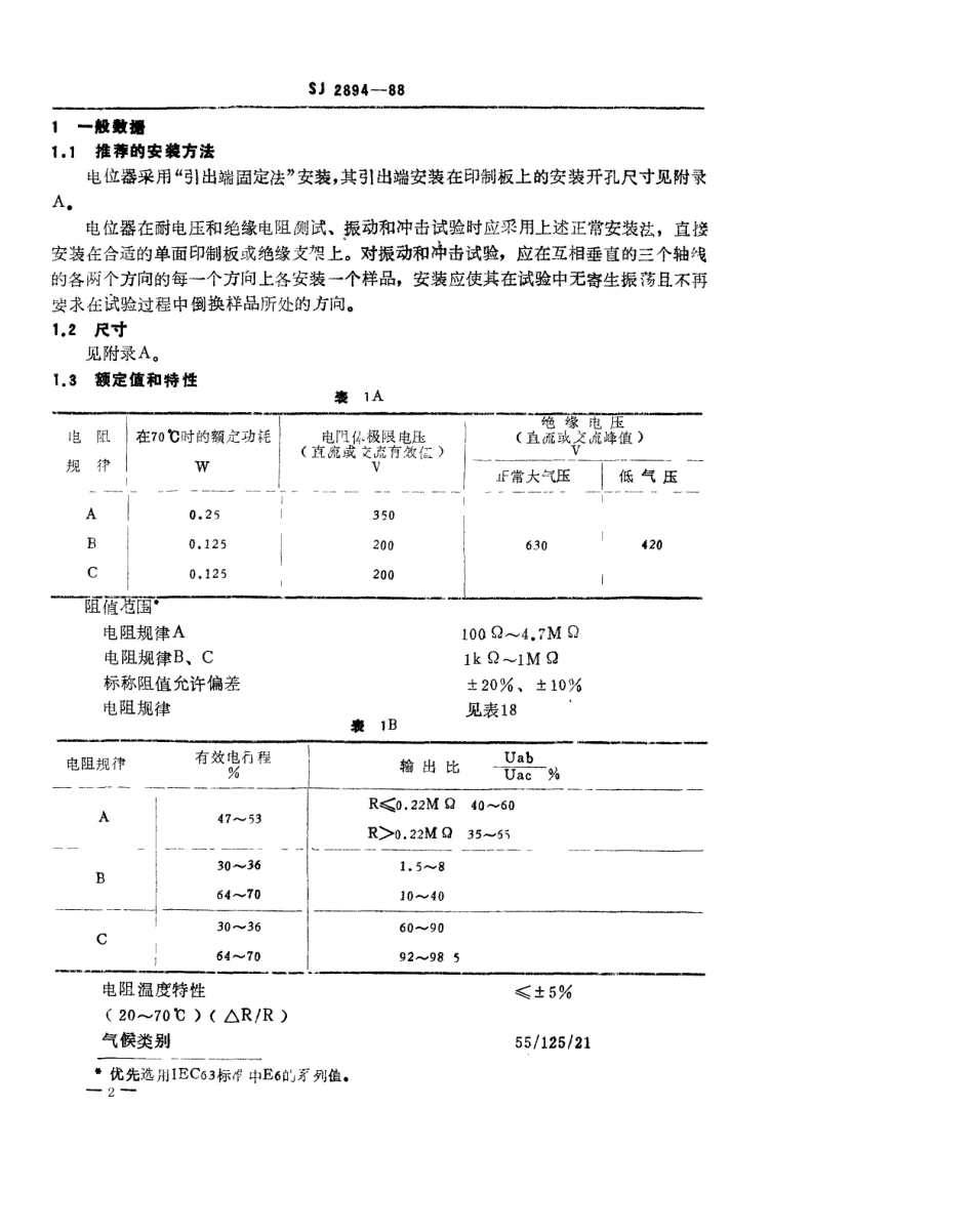 SJ 2894-1988 电子元器件详细规范 WS23型预调电位器 评定水平E.pdf_第2页