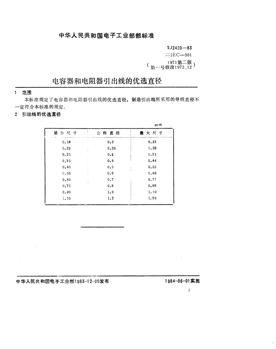 SJ 2420-1983 电阻器和电容器引出线的优选直径.pdf_第2页