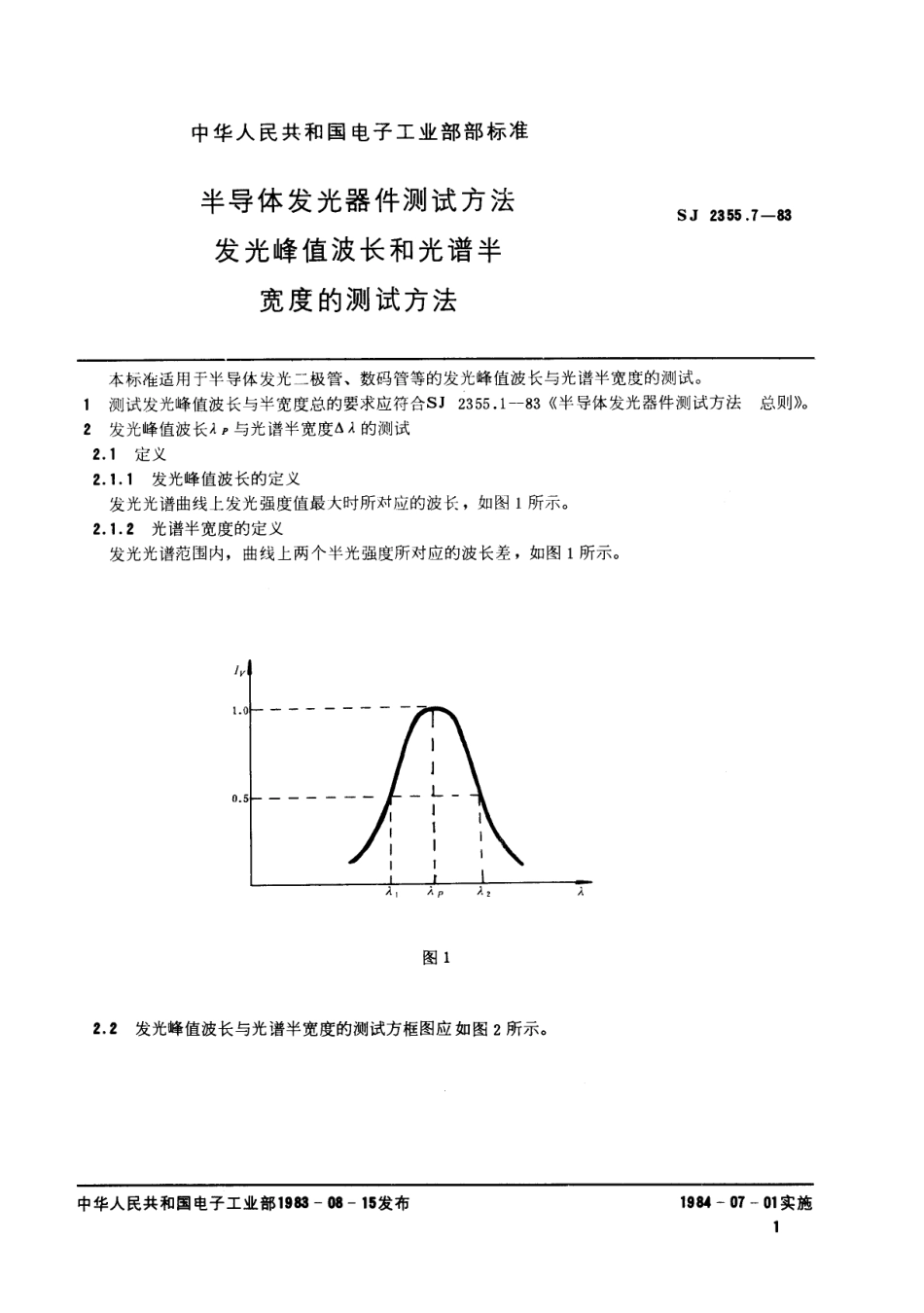SJ 2355.7-1983 半导体发光器件测试方法 发光峰值波长和光谱半宽度的测试方法.pdf_第1页
