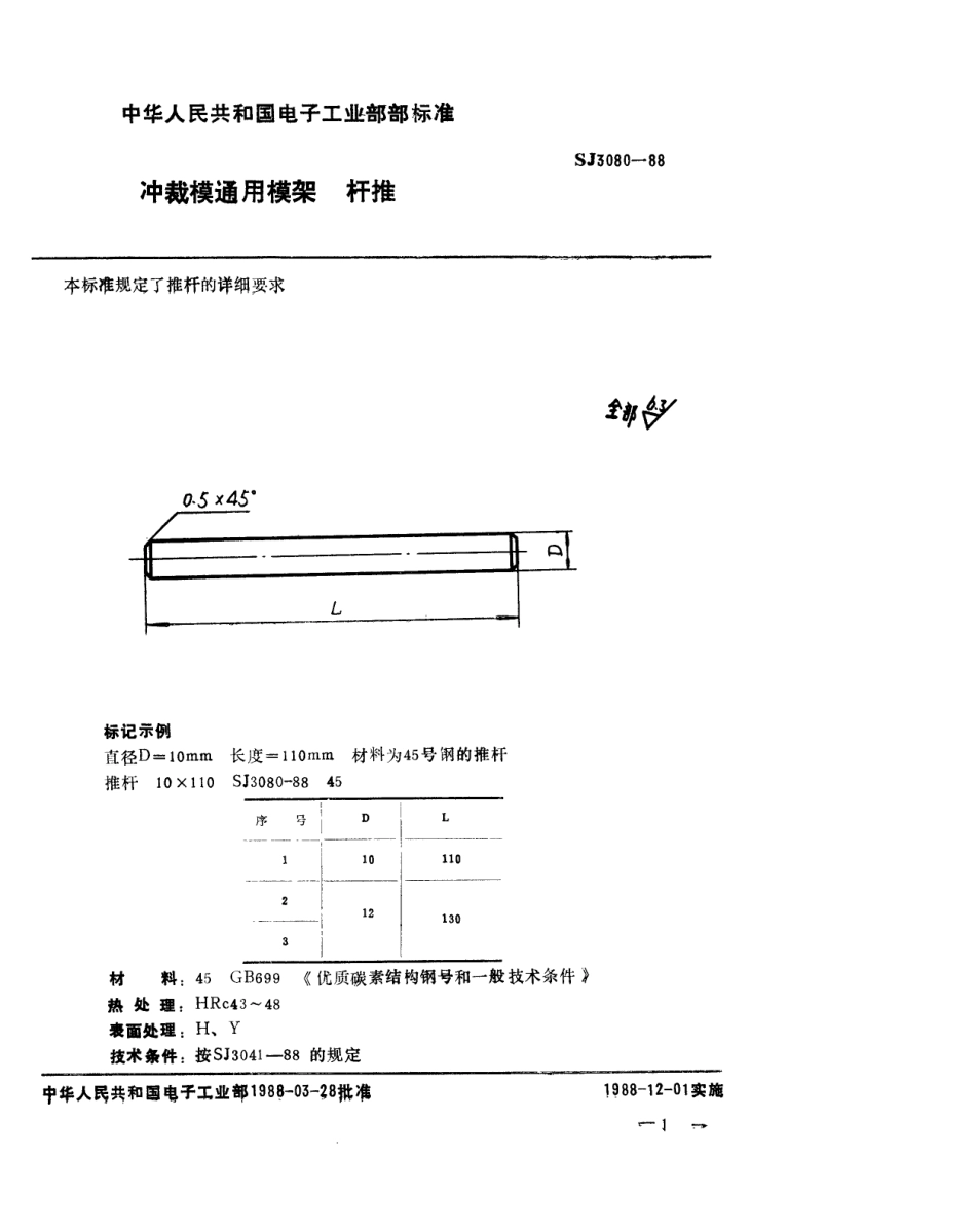 SJ 3080-1988 冲裁模通用模架 推杆.pdf_第1页