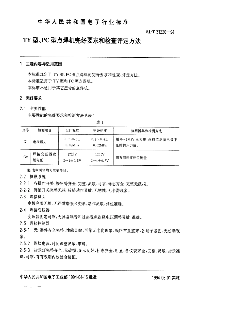 【电子行业军用标准】SJT 31220-1994 TY型、PC型点焊机完好要求和检查评定方法.pdf_第1页
