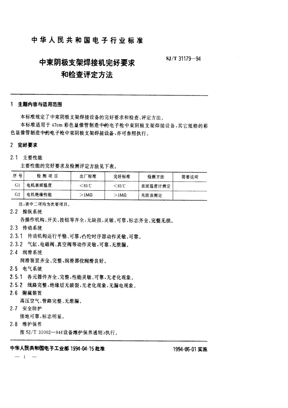 【电子行业军用标准】SJT 31179-1994 中束阴极支架焊接机完好要求和检查评定方法.pdf_第1页