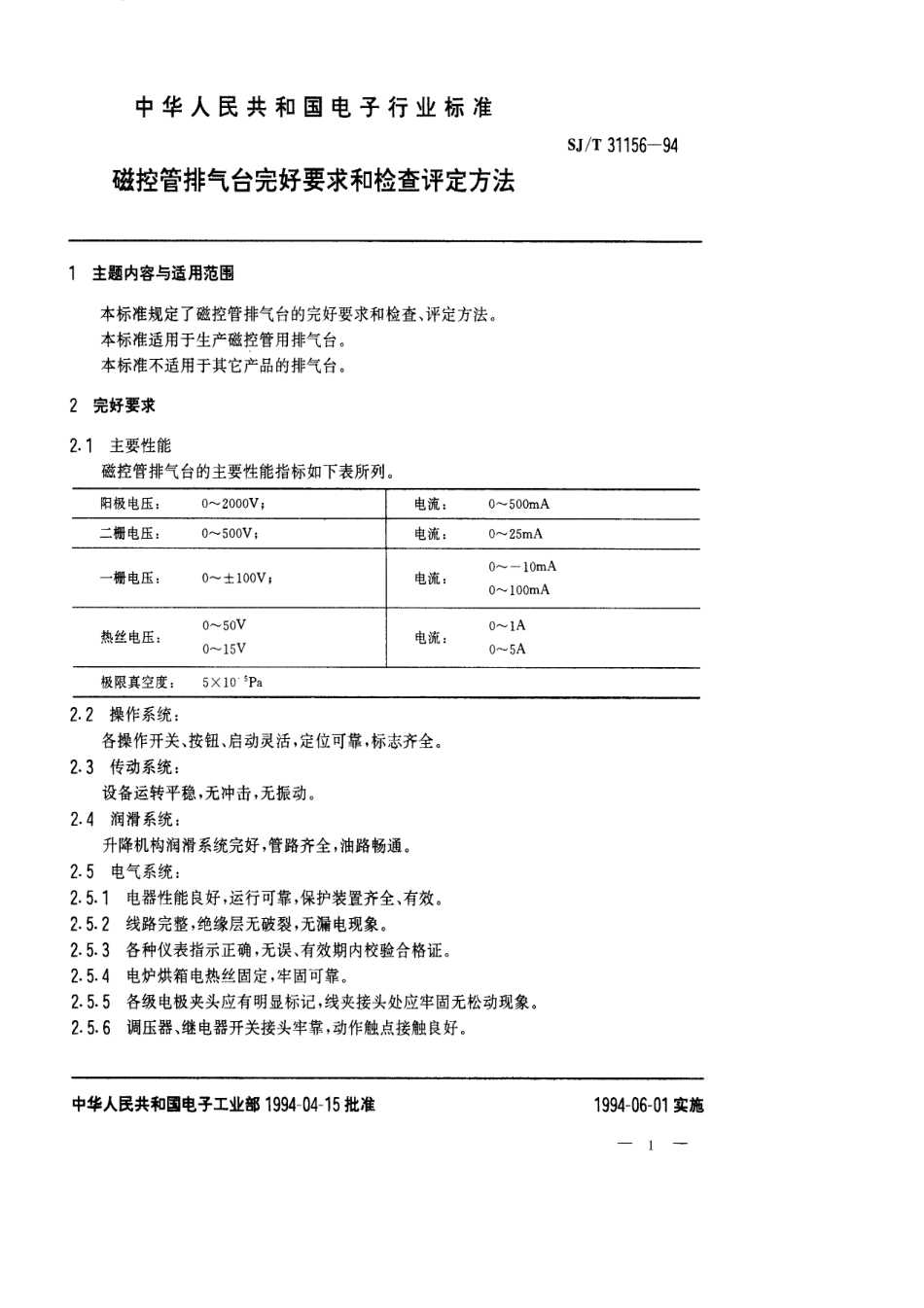 【电子行业军用标准】SJT 31156-1994 磁控管排气台完好要求和检查评定方法.pdf_第1页
