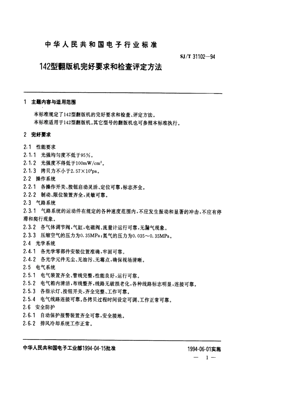 【电子行业军用标准】SJT 31102-1994 142型翻版机完好要求和检查评定方法.pdf_第1页